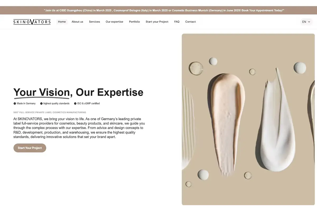 SKINOVATORS official website screenshot for turnkey private label skincare and cosmetics manufacturing in Germany