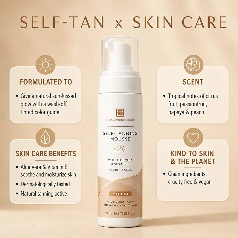 Self tan and skincare benefits for professional develop medium tanning mousse with aloe vera and vitamin E