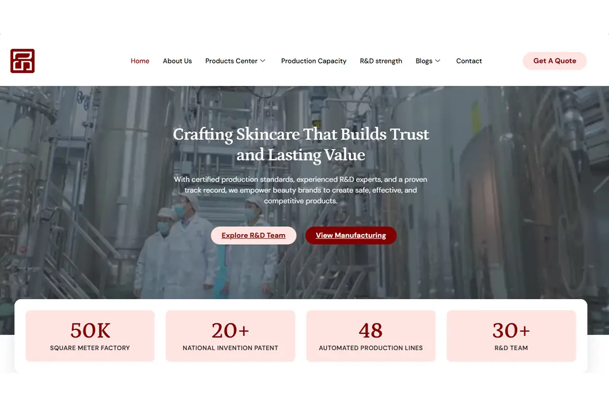 Shangpinhui Biotechnology official website screenshot showing skincare OEM ODM manufacturing, private label skincare, custom formulation, and overseas production support for beauty brands