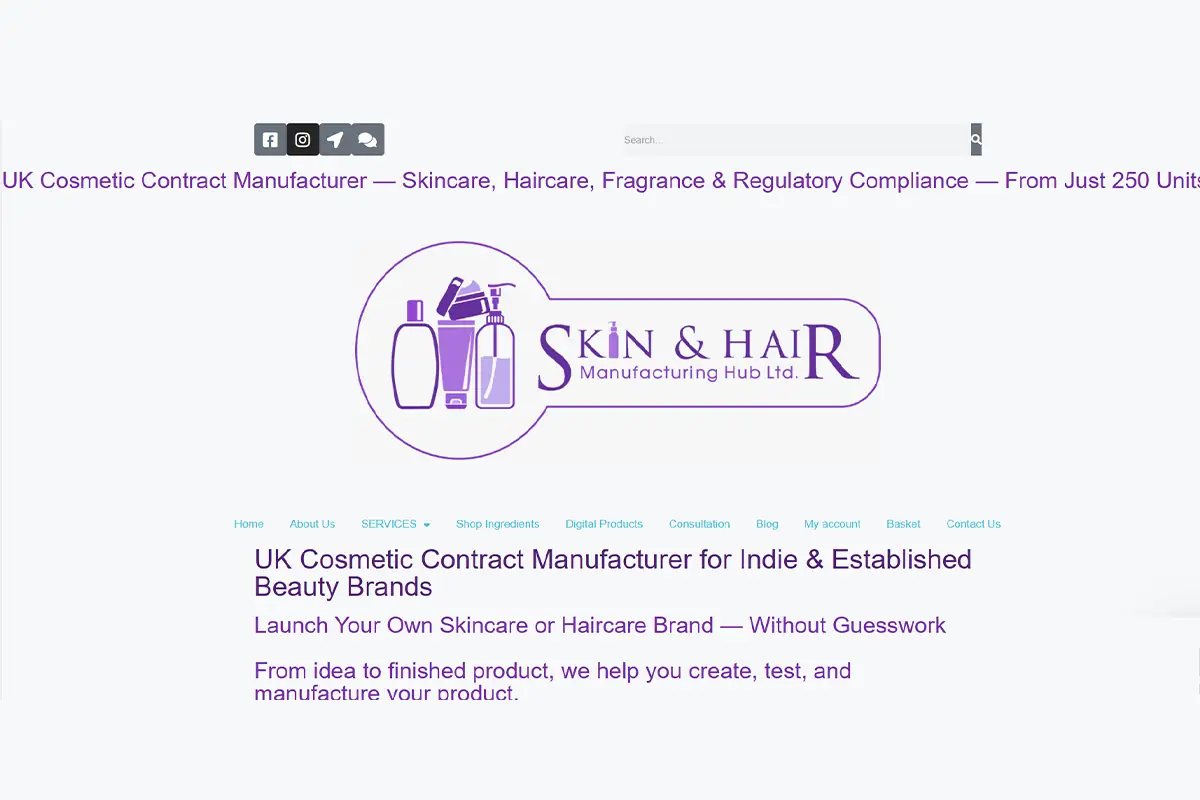 Screenshot of Skin and Hair Manufacturing Hub, a UK low MOQ skincare and haircare manufacturer for indie beauty brands