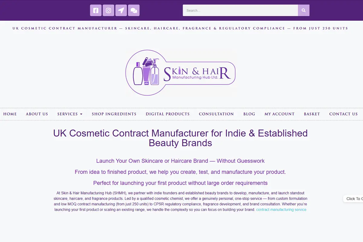 Screenshot of Skin & Hair Manufacturing Hub website, showing low-MOQ UK contract manufacturing and bespoke formulation for hair care and skincare brands.