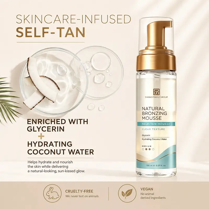 Skincare infused natural bronzer self tan mousse with glycerin and hydrating coconut water