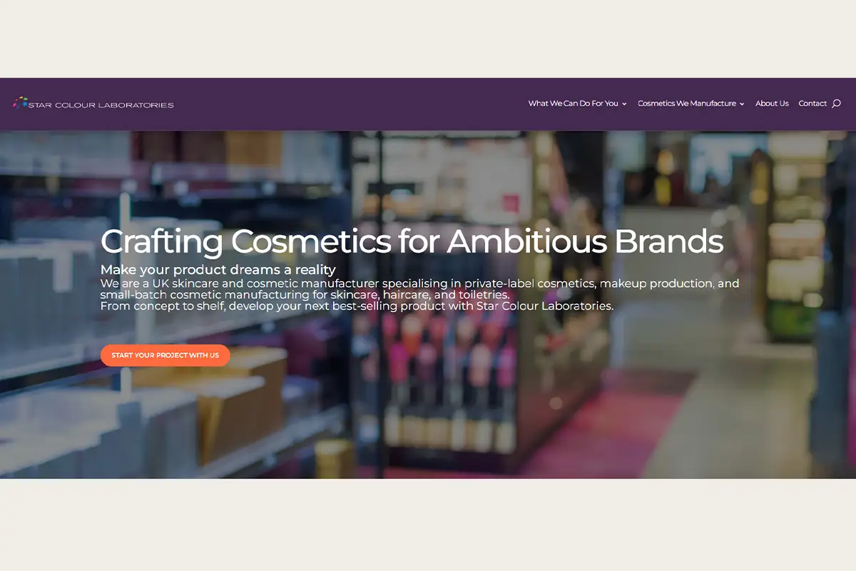 Screenshot of Star Colour Laboratories website, a UK cosmetic manufacturer offering custom formulation and private label hair care production.