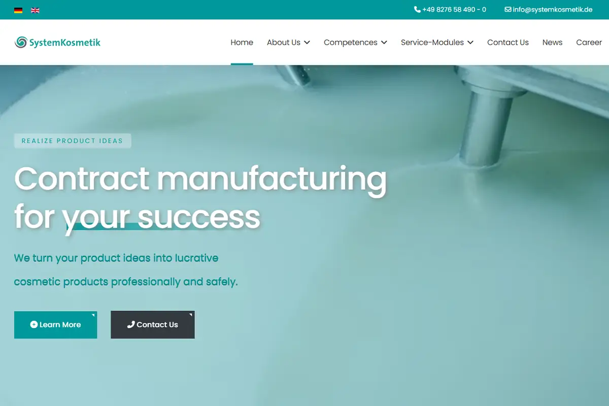 SystemKosmetik official website screenshot for natural skincare contract manufacturing and cosmetic filling in Germany
