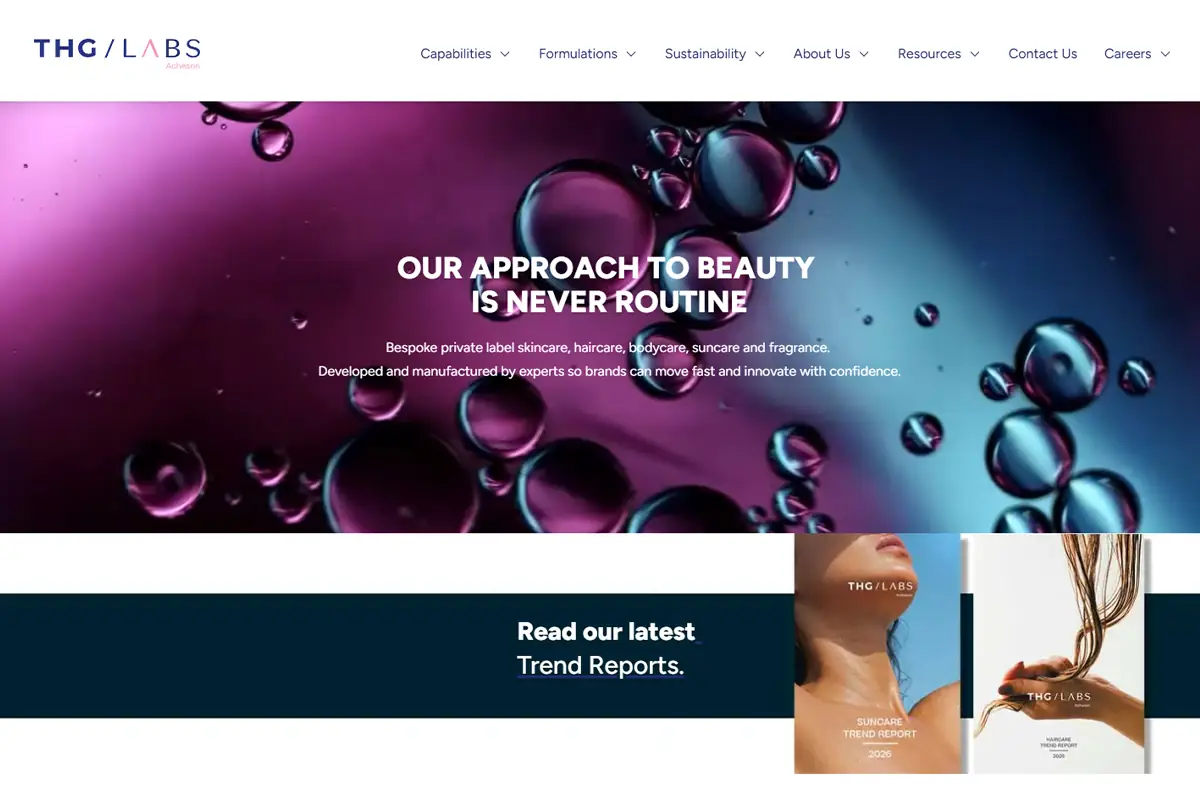 Screenshot of THG Labs, a UK private label skincare and beauty manufacturer for premium brands