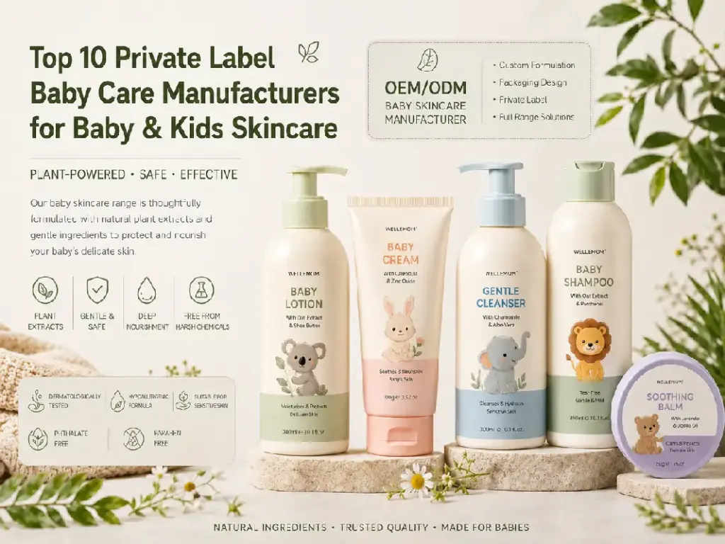 Top 10 private label baby care manufacturers for baby and kids skincare featuring baby lotion, baby cream, gentle cleanser, baby shampoo, soothing balm, and plant-based OEM ODM skincare products