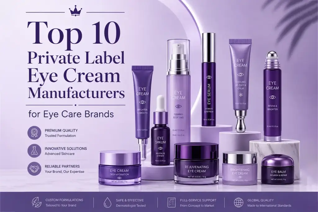 Purple eye cream packaging collection with tubes, airless pumps, rollerball applicators, and jars for private label eye care brands