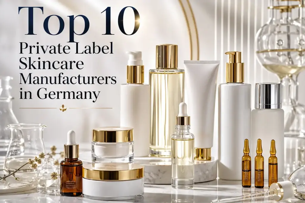 Top 10 private label skincare manufacturers in Germany featuring premium skincare bottles, ampoules, creams, serums and laboratory-inspired cosmetic manufacturing background