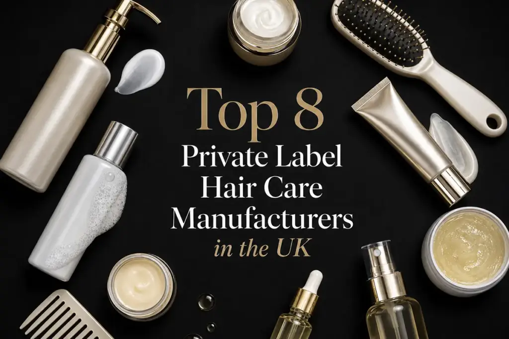 Top 8 private label hair care manufacturers in the UK poster with shampoo, conditioner, hair oil, hair mask and styling brush on a black background.