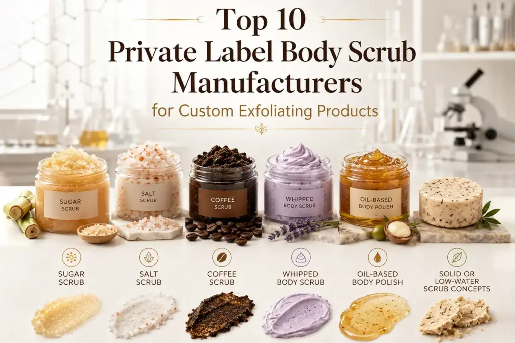 Top private label body scrub manufacturers for sugar scrubs, fruit body scrubs, whipped textures, low MOQ and exfoliating body care products