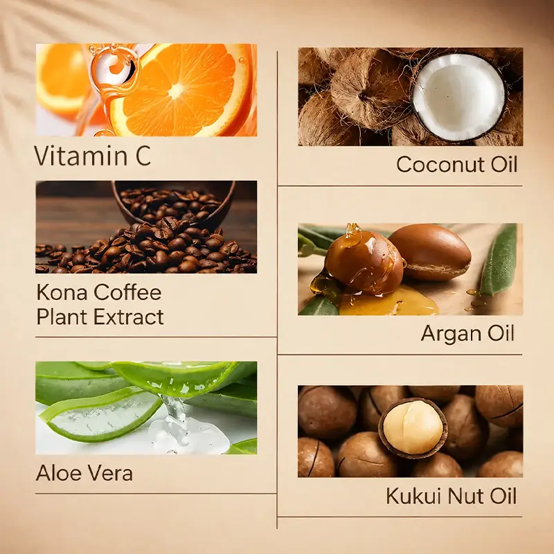Vitamin C Kona coffee coconut oil argan oil kukui nut oil and aloe vera ingredients for coffee-infused tanning lotion