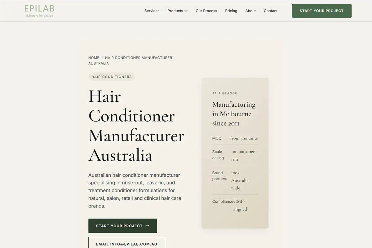 Epilab Australian hair conditioner manufacturing for rinse-out, leave-in, treatment, natural, salon, and retail hair care brands