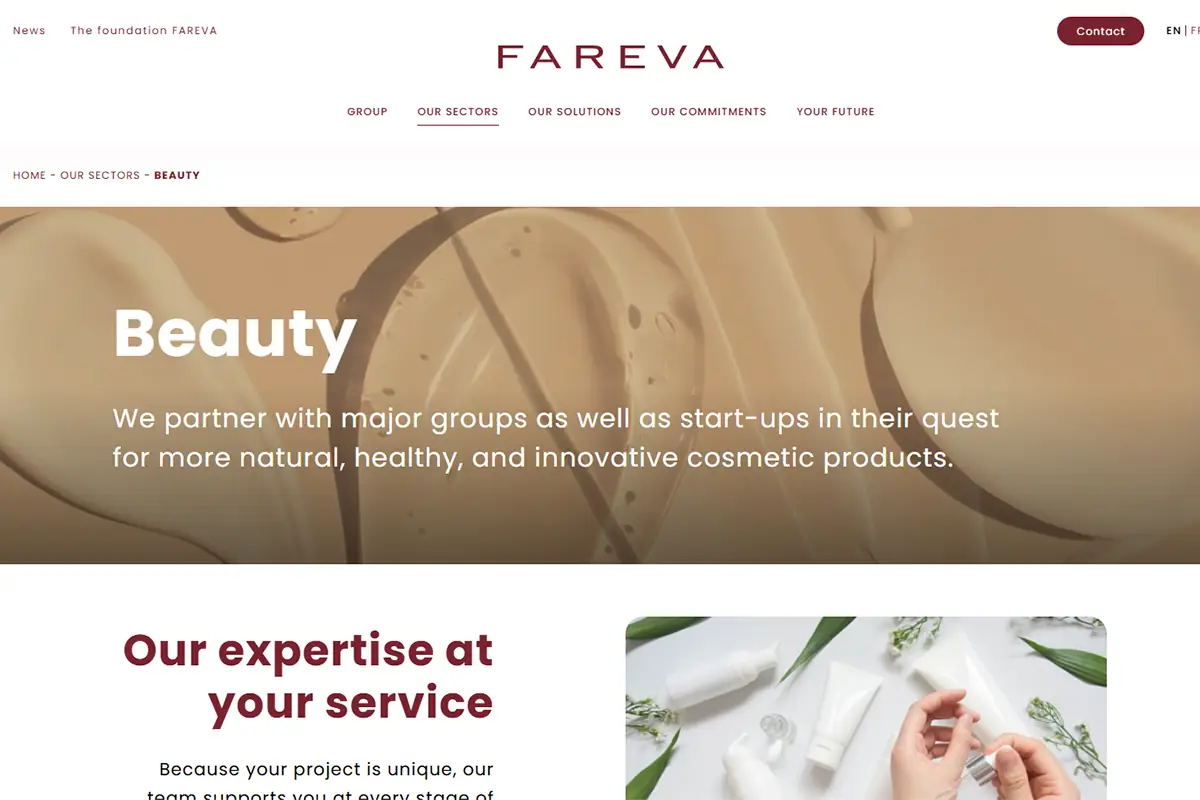 Screenshot of Fareva Beauty website showing facial skincare, body care, sun care, formulation, manufacturing, and packaging capabilities