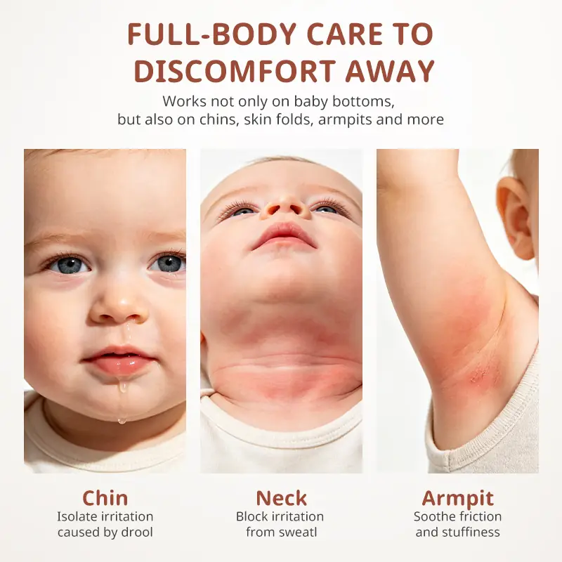 Baby diaper cream for full body care including chin neck folds armpits and baby bottom