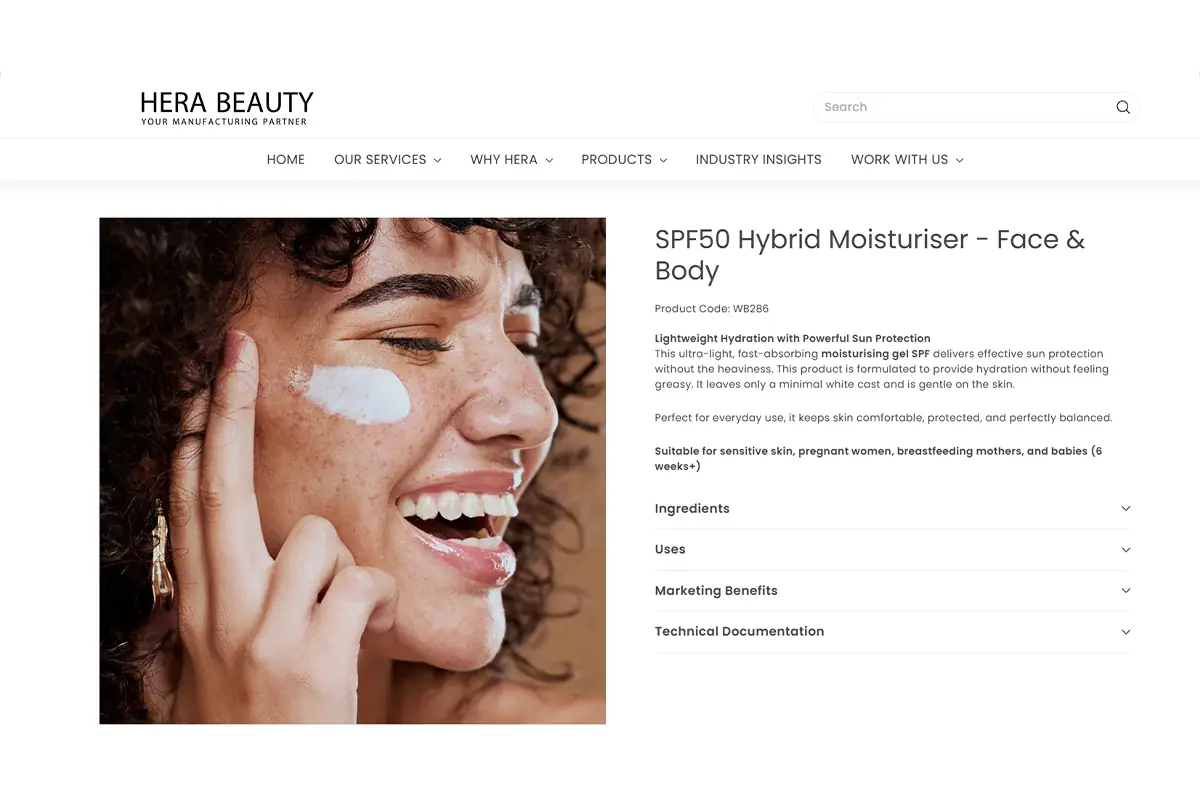 Hera Beauty SPF50 hybrid moisturiser with lightweight private label sunscreen formulation in the UK