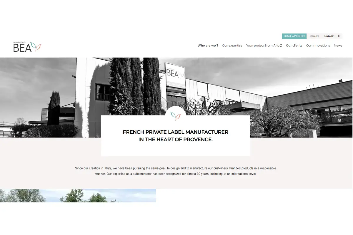 Screenshot of Laboratoires BEA website showing French private label cosmetics, soaps, solid skincare, and fragrance manufacturing