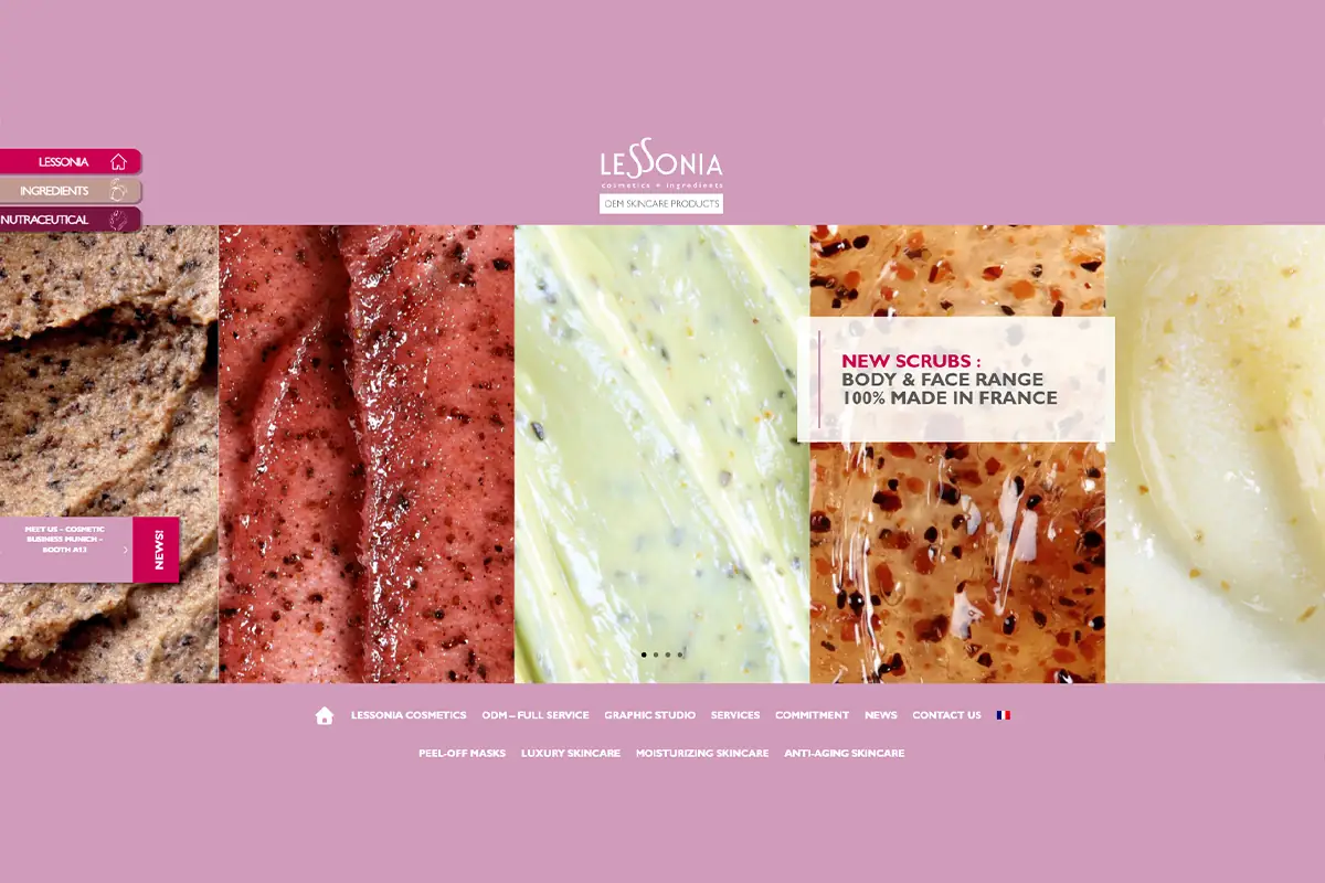 Screenshot of Lessonia Cosmetics website showing French private label skincare, sheet masks, eye patches, and custom manufacturing services