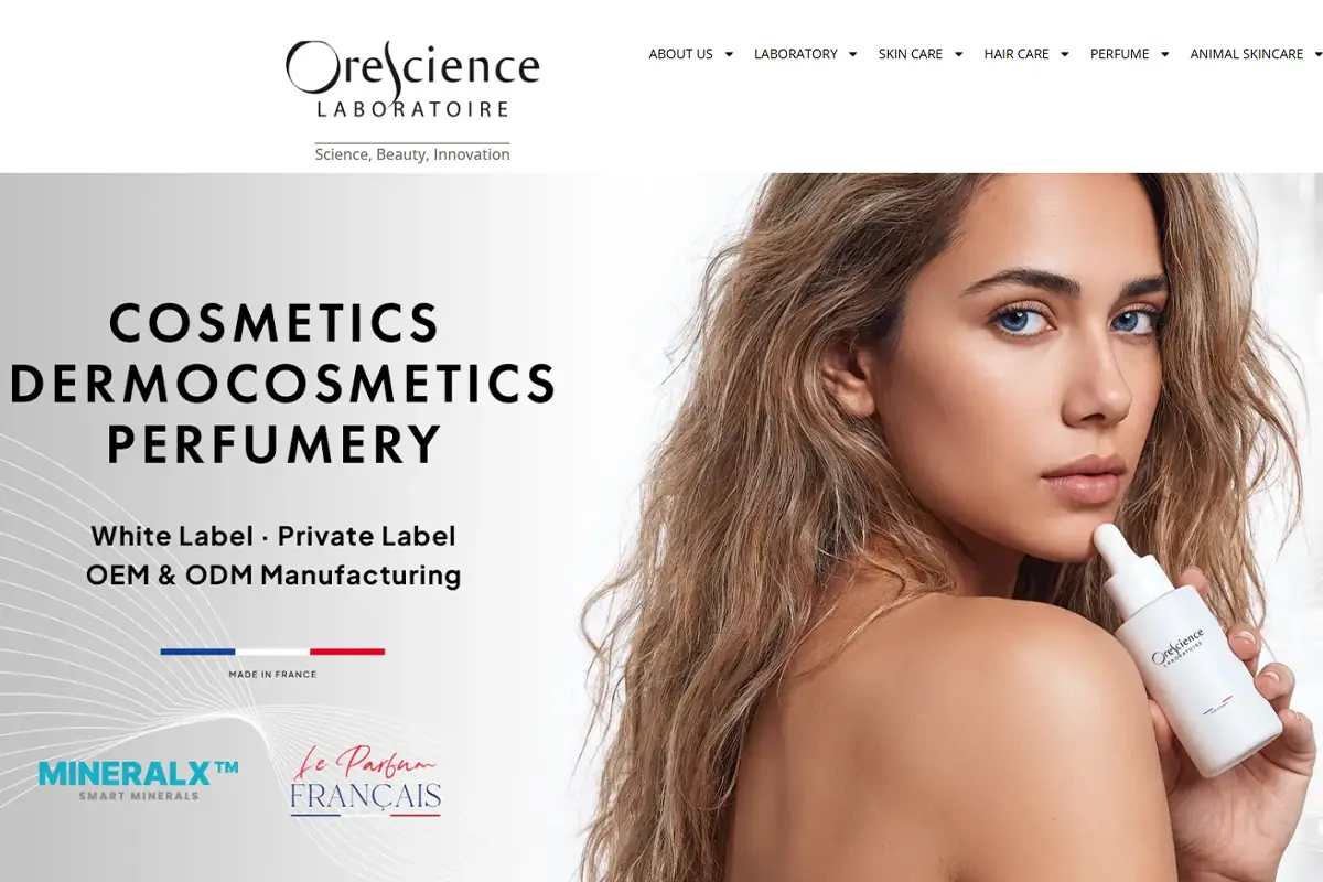 Screenshot of Orescience Laboratory website showing private label, OEM, ODM, and custom skincare manufacturing services in France