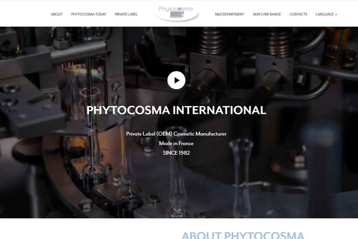 Screenshot of Phytocosma International website showing French OEM skincare, serum ampoules, filling, and packaging capabilities