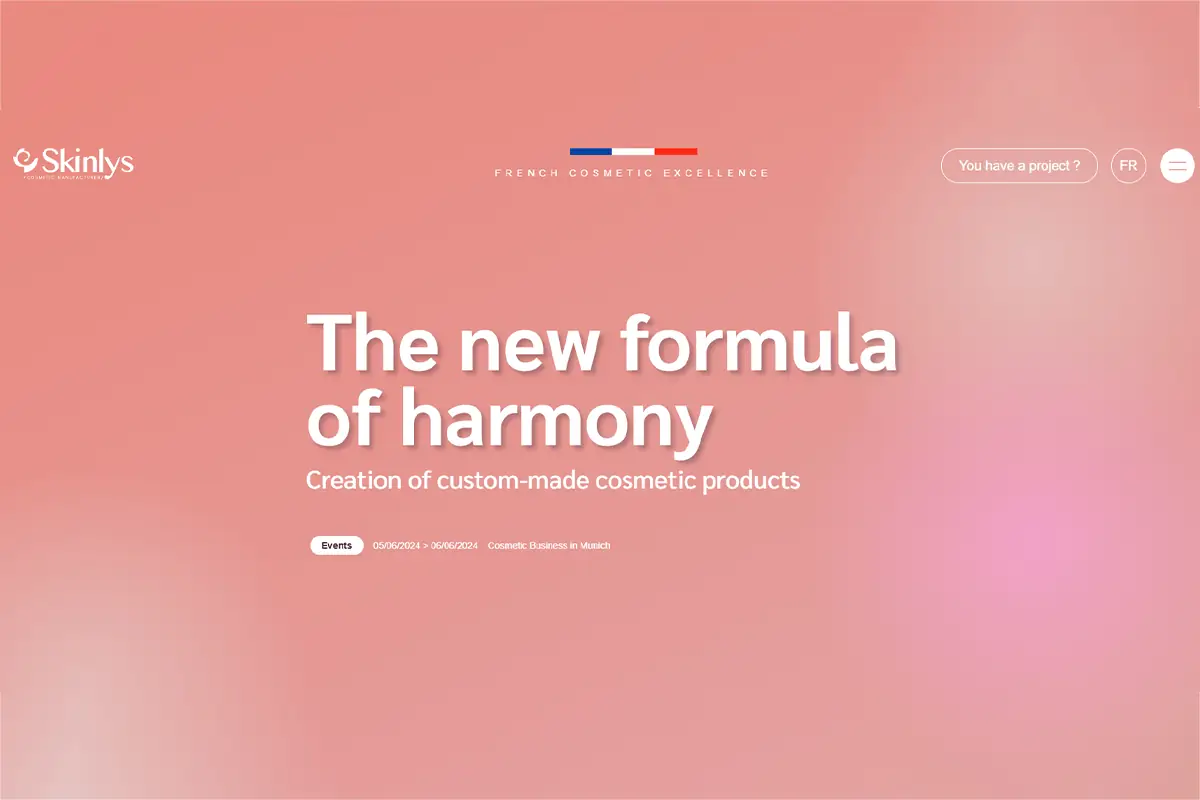Screenshot of Skinlys website showing custom skincare formulation, industrial scale-up, manufacturing, filling, and assembly services in France