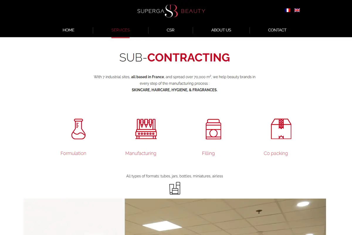 Screenshot of Superga Beauty website showing formulation, manufacturing, filling, and co-packing services across seven French industrial sites