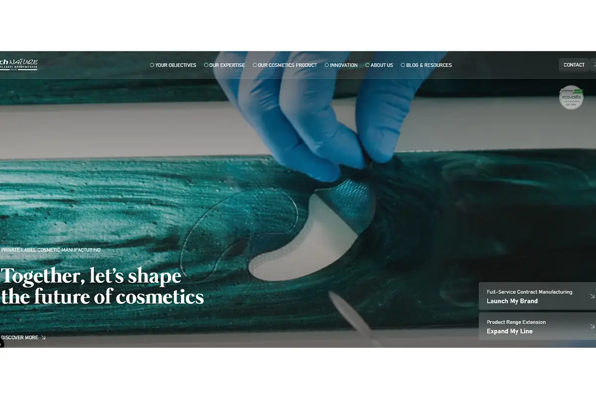 Screenshot of Technature website showing private label skincare, peel-off masks, powders, hydrogel patches, and custom cosmetic manufacturing