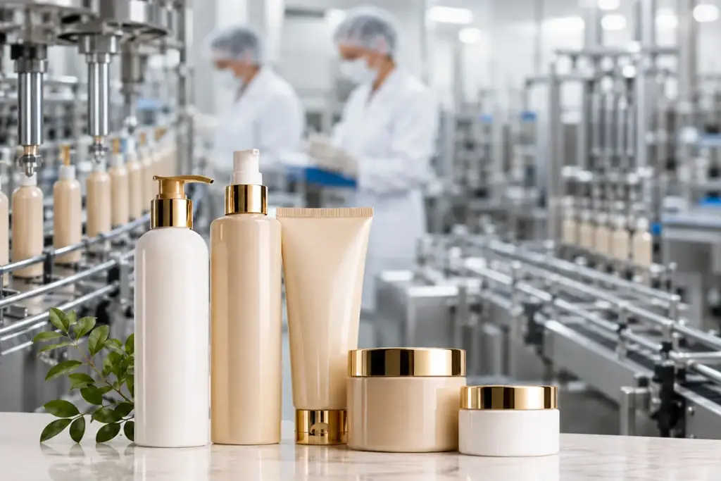 Private label conditioner bottles, tubes, and hair masks displayed in a cosmetics filling factory for professional hair care manufacturing