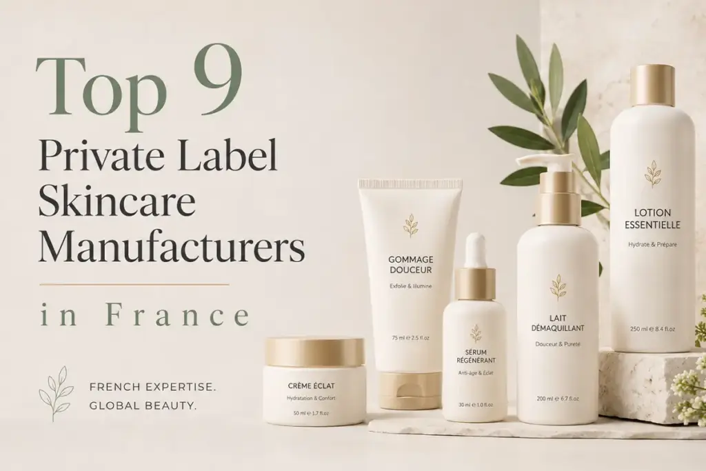 French-inspired skincare product collection with cream, serum, cleanser, lotion, and tube packaging for private label skincare brands