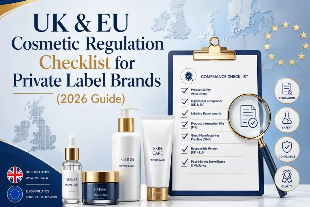 UK and EU cosmetic regulation checklist guide for private label skincare brands, featuring compliance clipboard, CPSR, PIF, CPNP, and SCPN icons.