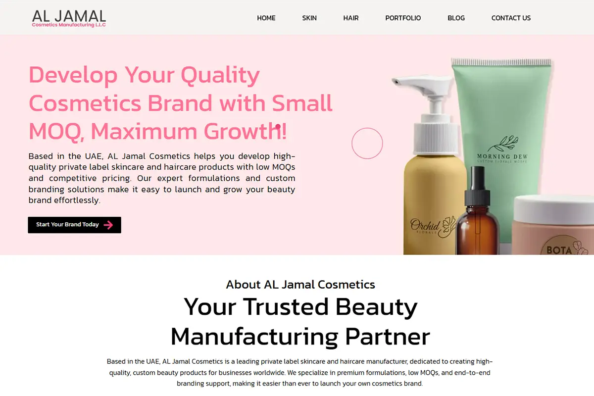 Al Jamal Cosmetics official website presenting private label skincare and haircare manufacturing in Ajman