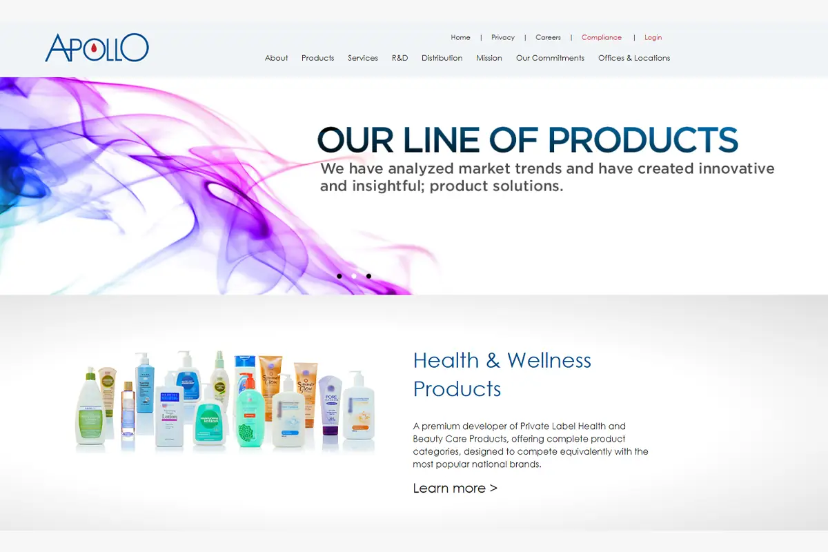 Screenshot of Apollo Health and Beauty Care official website showing Canadian private label personal care manufacturing
