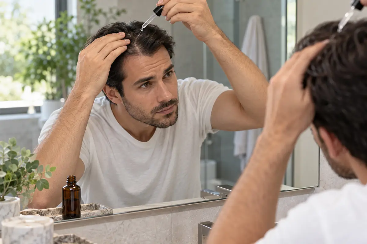 Man applying a private label hair growth serum with a dropper directly to his scalp