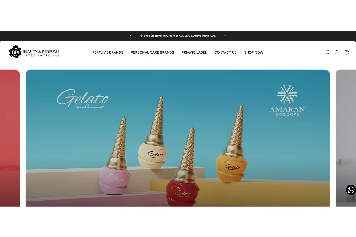 Beauty and Perfume International official website showing fragrance and personal care products manufactured in Dubai