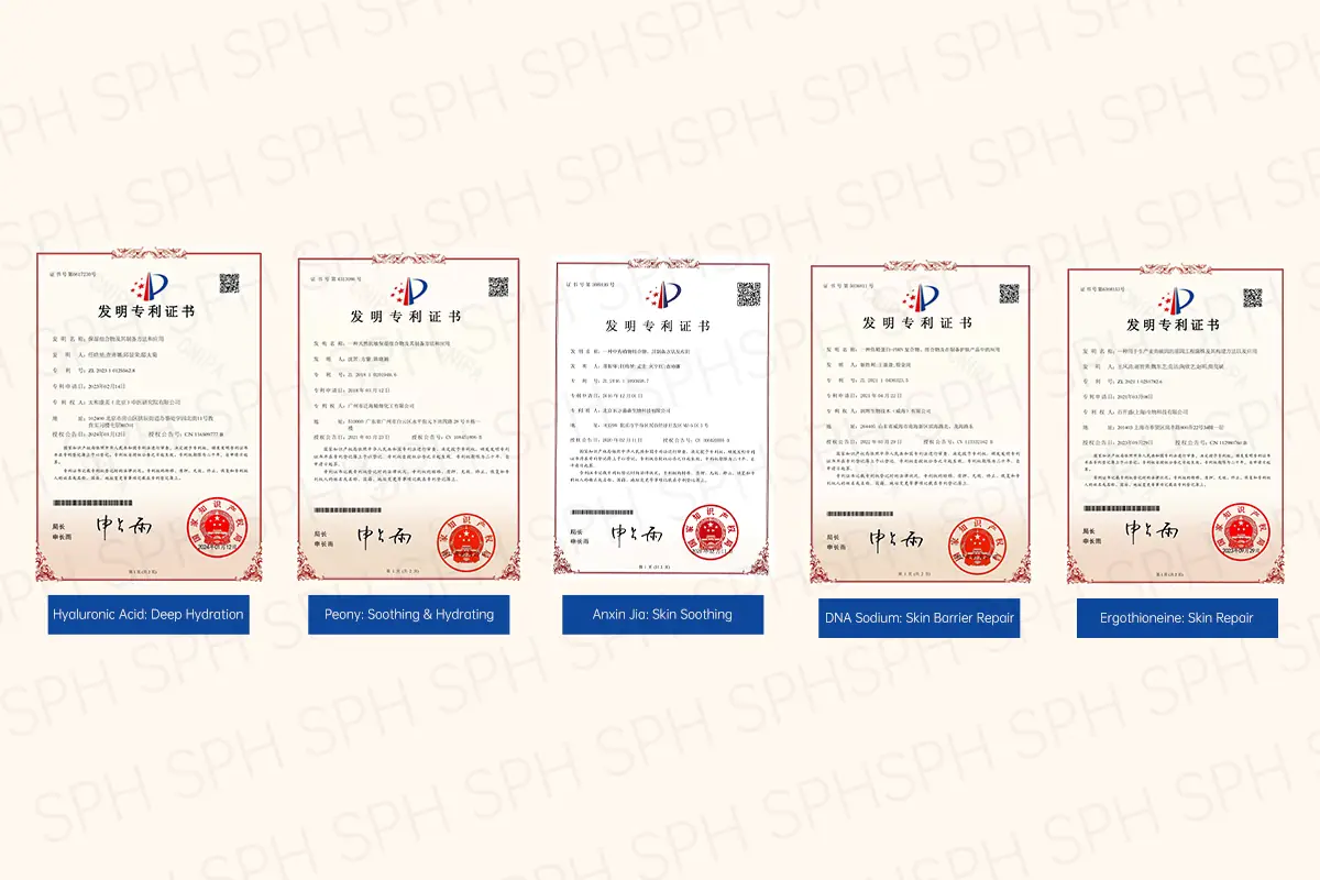 Five Chinese National Invention Patents held by cosmetic manufacturer BeautyOEM for skin barrier repair, soothing, and hydration technologies.