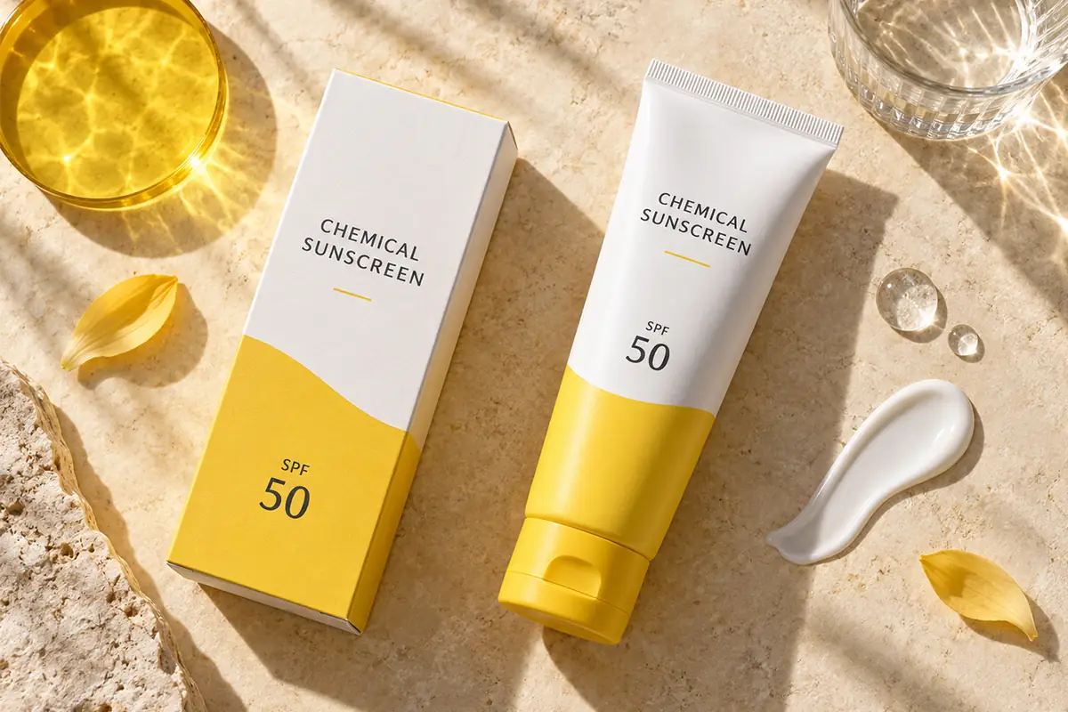 Chemical sunscreen SPF 50 product and packaging for private label formulation