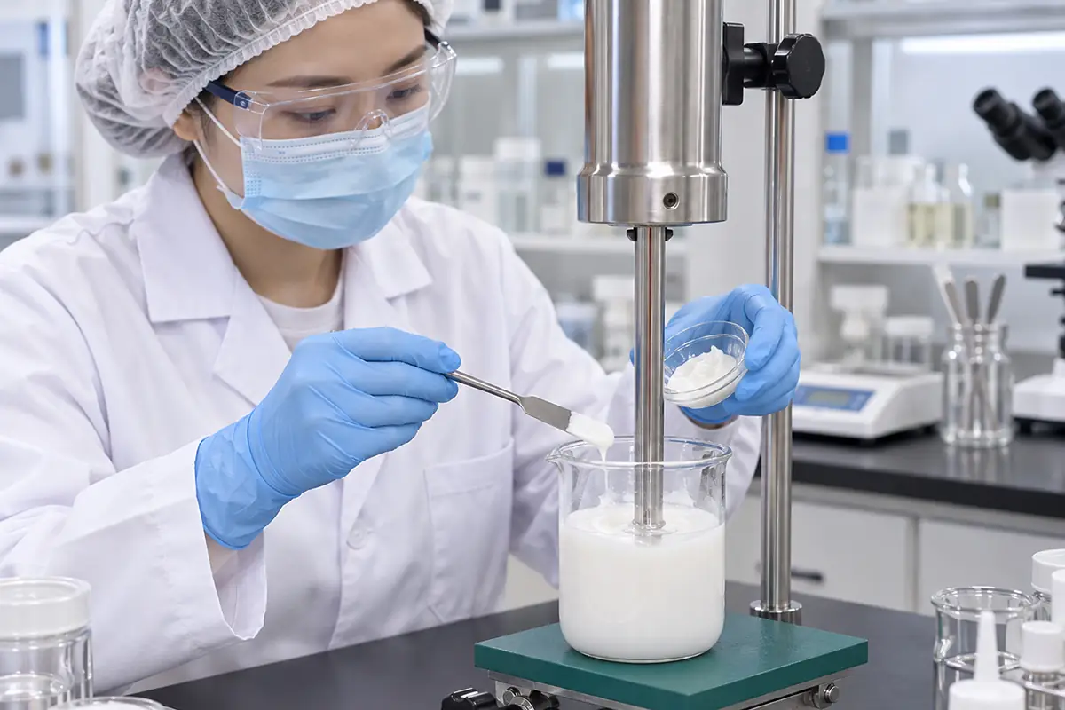 Cosmetic R&D formulation chemist using a benchtop homogenizer to develop custom skincare emulsion prototypes and clinical lab samples