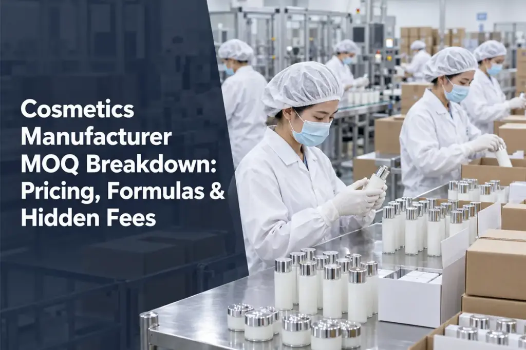 Quality control workers packaging bottled skincare products on an automated cosmetics manufacturing assembly line for private label low MOQ production