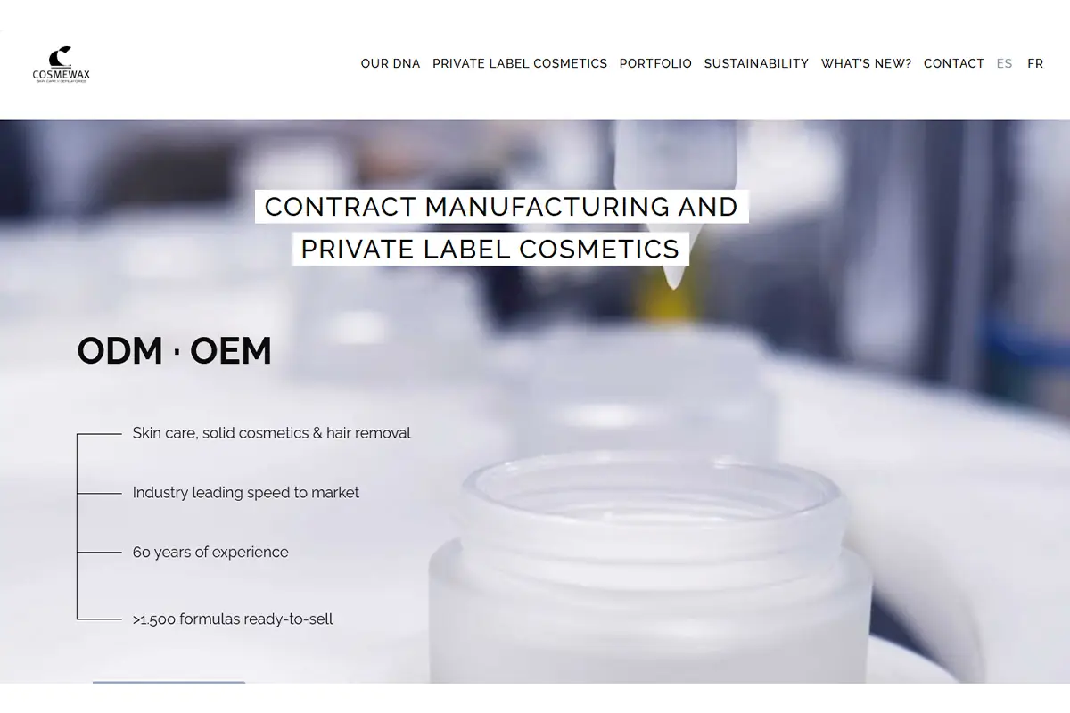 Cosmewax facial skincare manufacturing page featuring barrier repair creams, formulation, testing, packaging and regulatory support.