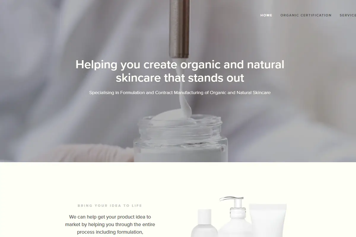 Creme Factory official website presenting organic and natural skincare contract manufacturing