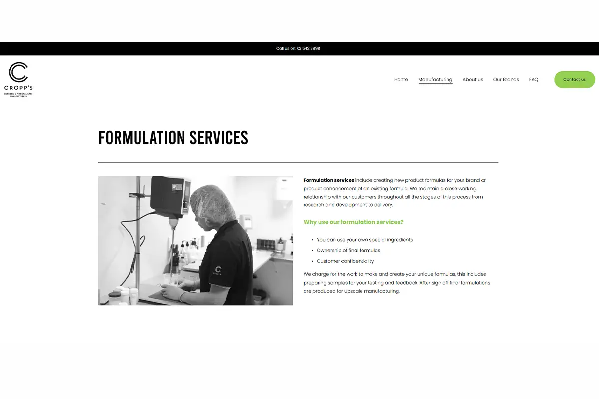 Cropps NZ manufacturing page showing naturalskincare and personal care production services