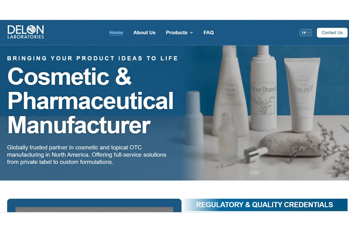 Screenshot of Delon Laboratories official website showing private label beauty and health care manufacturing