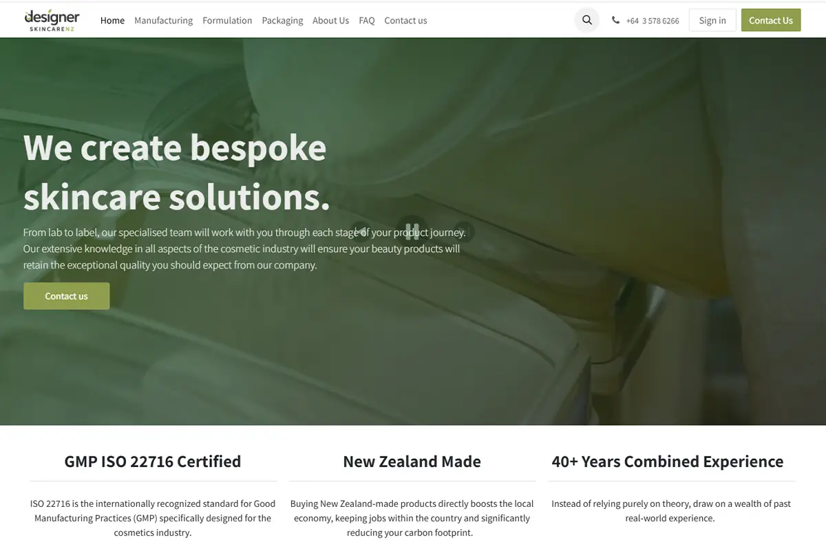 private label skincare services
Designer Skincare NZ official website showing bespoke