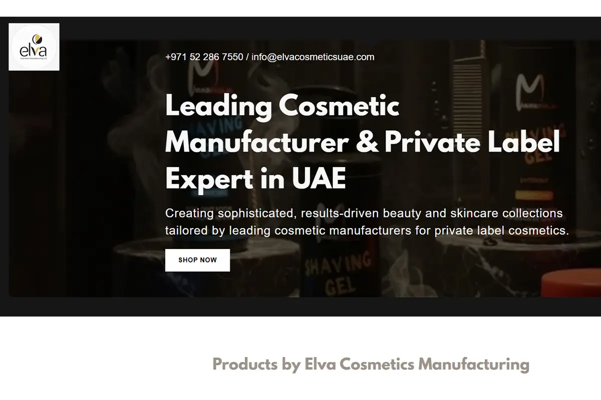 Elva Cosmetics official website showing private label haircare and skincare manufacturing services in the UAE