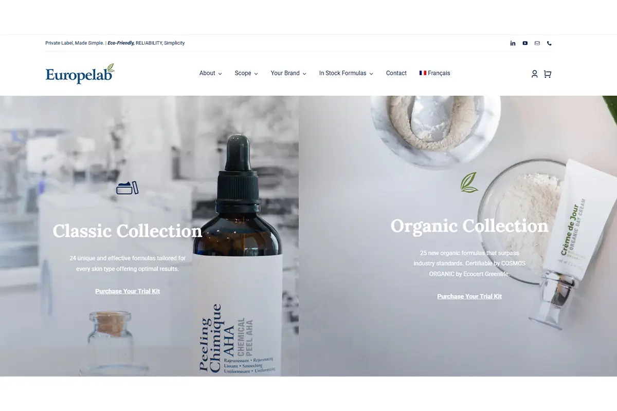 Screenshot of Europelab official website showing professional private label skincare and organic formula services