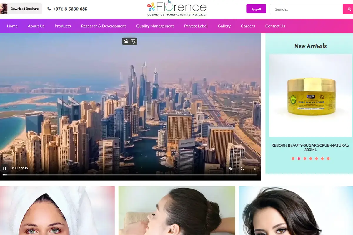 Florence Cosmetics official website displaying skincare, body care and spa products manufactured in Sharjah