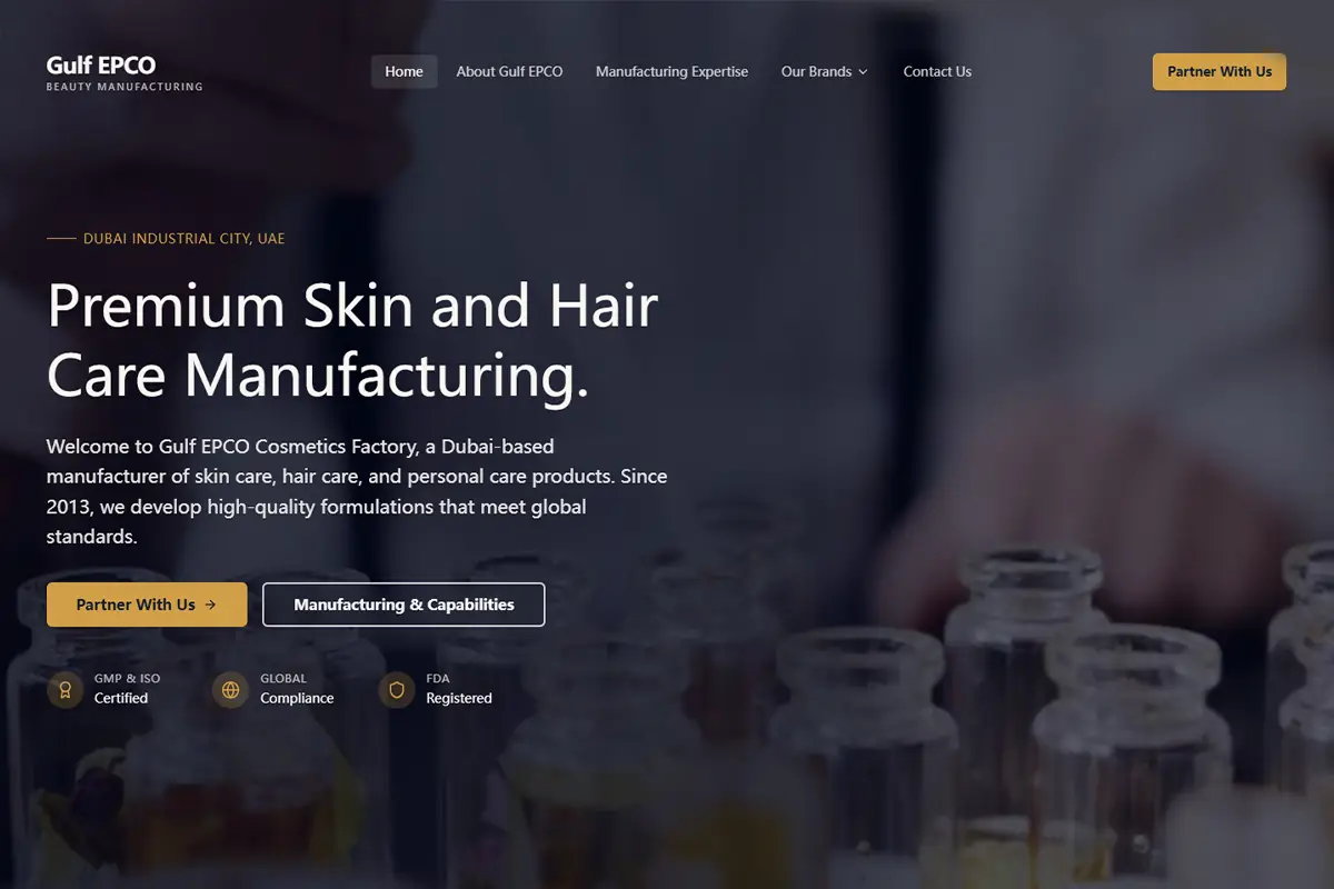 Gulf EPCO official website showing skincare, haircare and personal care manufacturing capabilities
