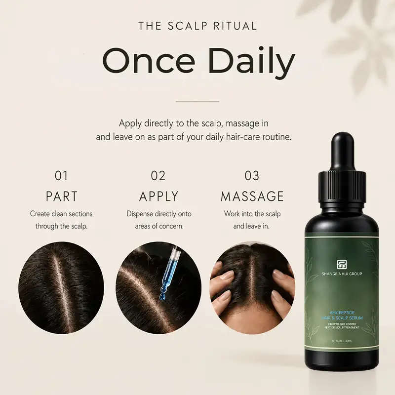 Three-step routine for applying AHK-Cu peptide serum directly to the scalp