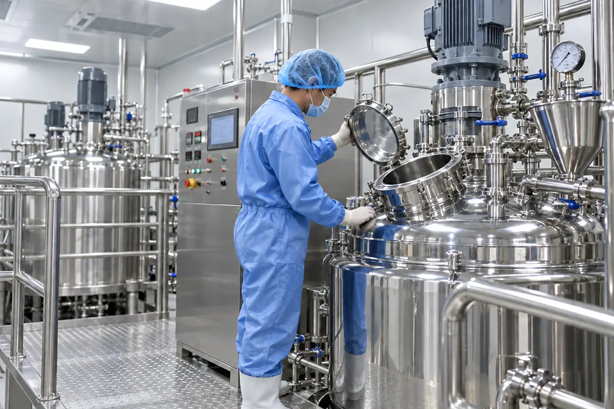 Skincare manufacturing technician operating an industrial stainless steel vacuum homogenizing emulsifier tank demonstrating minimum batch agitation capacity