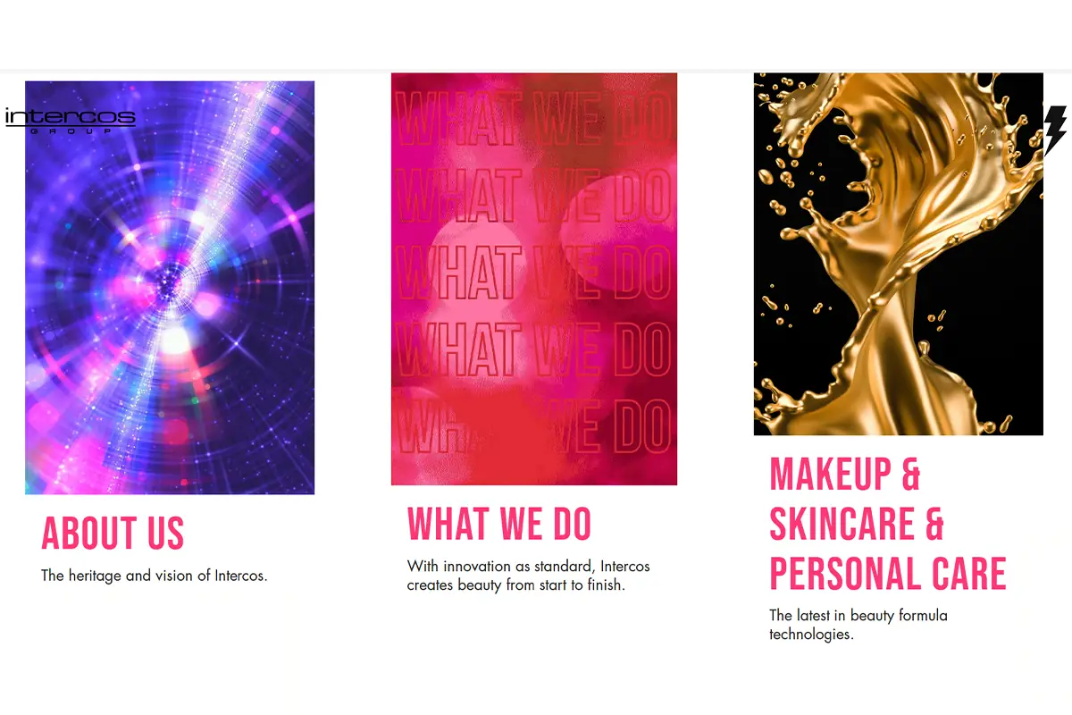Intercos Group official website showing Italian contract manufacturing for makeup and skincare