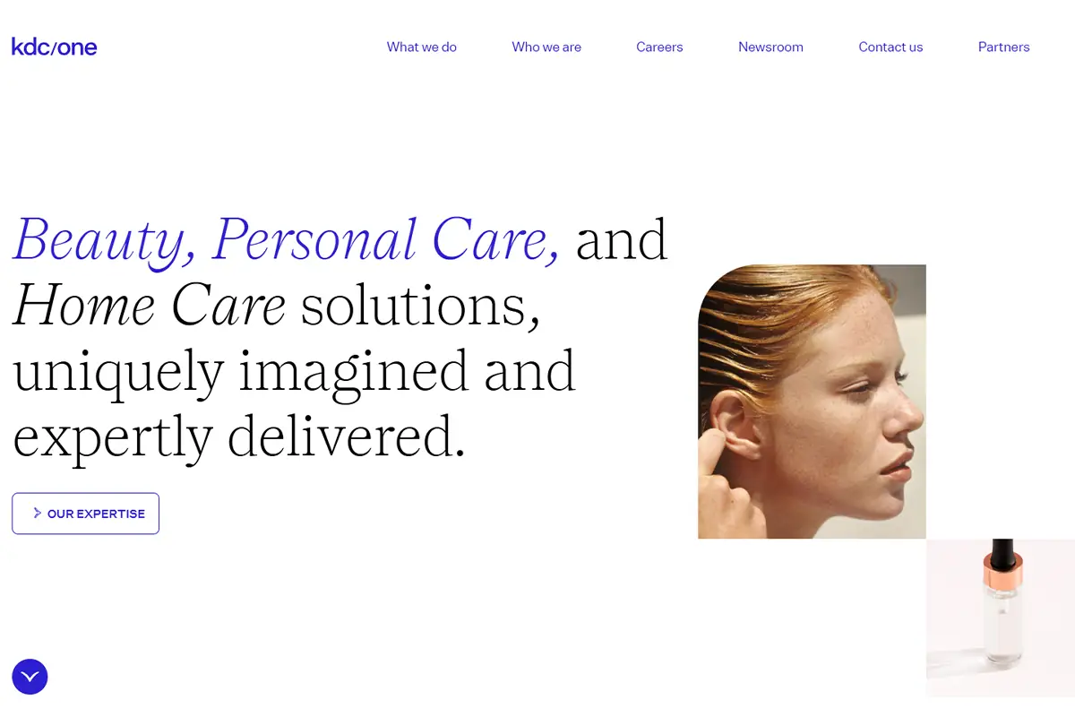 Screenshot of KDC/one official website showing beauty and personal care contract manufacturing services